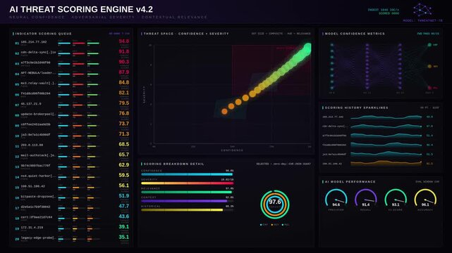 Explore the AI Threat Scoring Dashboard featuring dynamic indicators ranked by confidence, severity, and relevance with vibrant colors and engaging animations.