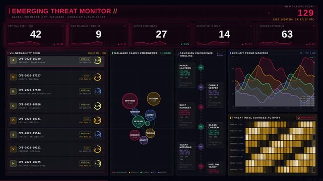 An advanced emerging threat monitoring dashboard visualizing new vulnerabilities, malware families, and active campaigns with dynamic animations and modern design elements.