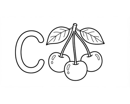 Cute letter C character with fresh cherry branches coloring book page vector