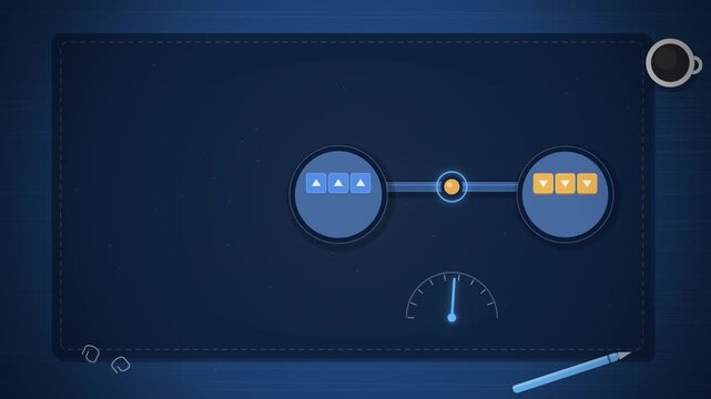 Top view of a balance with blue income and orange expense blocks