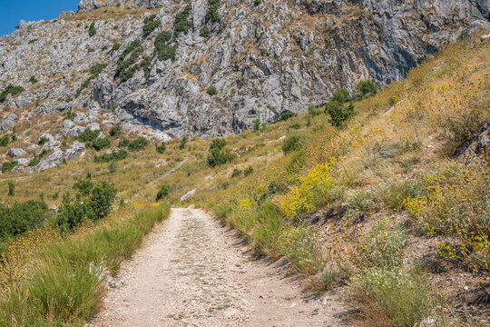 Pale rocky path curves through a dry hillside at Sagalassos. Dark rectangular openings and carved recesses punctuate the gray cliff beneath blue sky