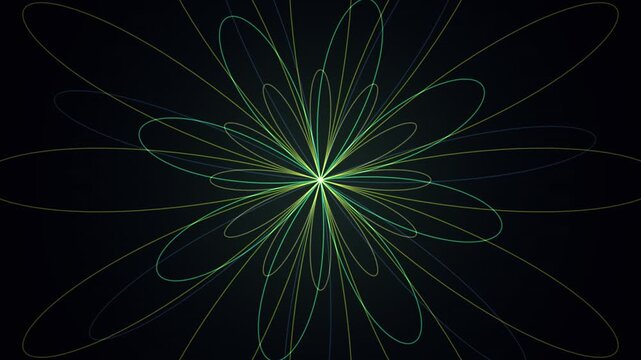Glowing green radial line art forms a symmetrical spirograph pattern on a dark background