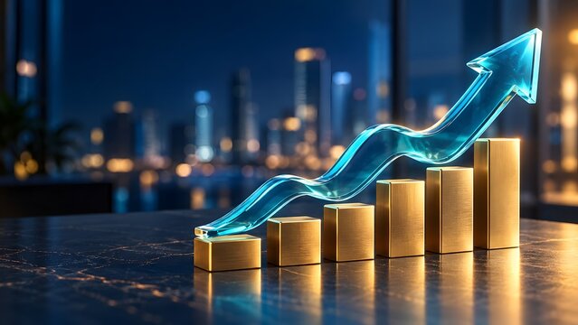 Glass upward trending arrow and golden bar charts on office desk with night city skyline showing corporate financial growth