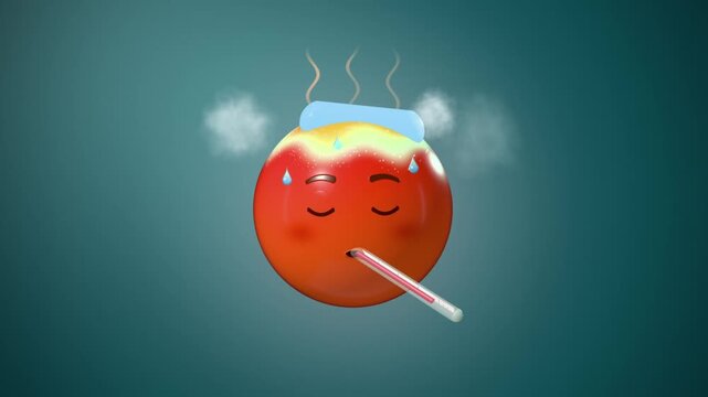 Sick emoji with fever, thermometer and ice pack turning from red to yellow and smiling after recovery