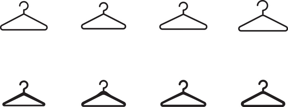 Clothes hanger icon in black and white line art for fashion, wardrobe, laundry, retail, and styling.