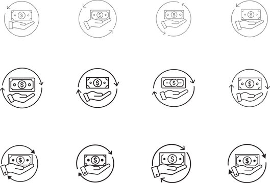 Cashback money transaction hand icon in black and white line art for finance, payment, and rewards.