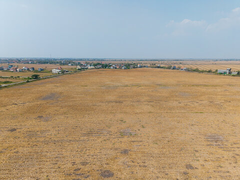 Aerial view of a drought-affected rice field with cracked dry soil and sparse vegetation in the arid landscape near a village in Wedung, Central Java, Indonesia.