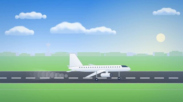 Airplane taking off from runway on a sunny day under blue sky