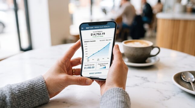 Person holding a smartphone displaying financial growth charts and investment balance details, monitoring personal wealth savings and stock market performance in a bright modern