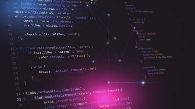 Programming code background with glowing network connections and pink light on a dark screen