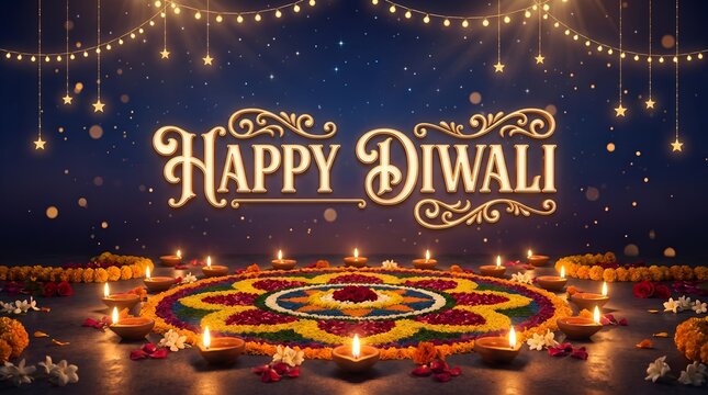 Elegant happy diwali greeting card design featuring glowing oil lamps and golden decorative text on a dark festive background