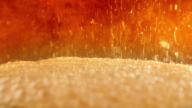 Dynamic close up shot of sparkling soda bubbles rising and forming a foamy layer in a clear glass, creating a refreshing visual.
