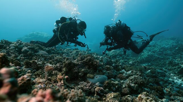 Two Scuba Divers Exploring Coral Reef: Two scuba divers are immersed in the vibrant underwater world, exploring a colorful coral reef teeming with marine life.