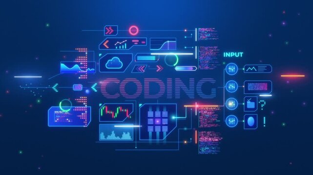 Futuristic tech interface assembles first, then the glowing word Coding lights up in pink neon