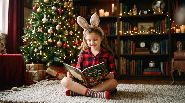 A young girl wearing bunny ears is happily reading a book close to a beautifully decorated christmas tree during the cozy winter