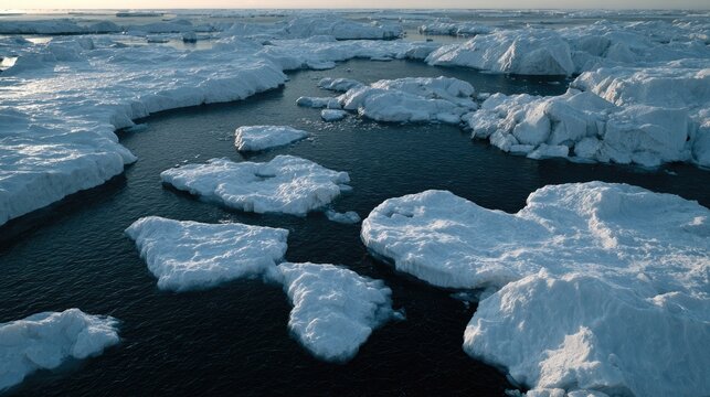 Arctic Ocean Vista: Jagged ice floes drift serenely on the frigid, dark waters of the Arctic Ocean under a pale, expansive sky, painting a stark picture of polar beauty.