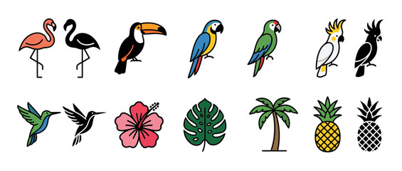 Fototapeta premium Tropical Birds and Plants Collection Isolated