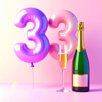 Birthday and Anniversary Celebration with Champagne and Number 33 Balloon