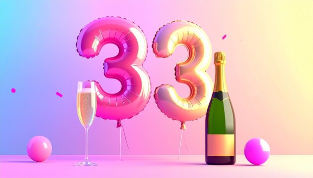 Birthday and Anniversary Celebration with Champagne and Number 33 Balloon