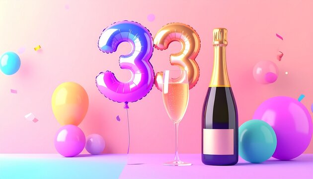 Birthday and Anniversary Celebration with Champagne and Number 33 Balloon