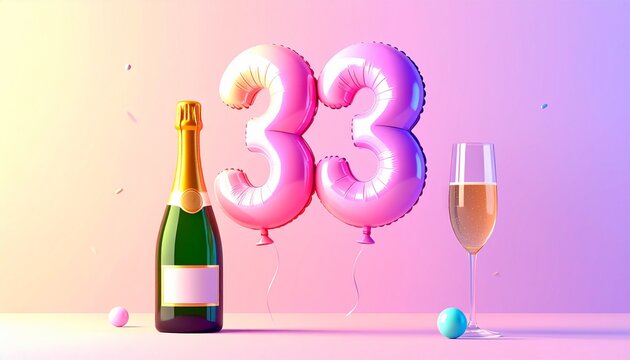 Birthday and Anniversary Celebration with Champagne and Number 33 Balloon
