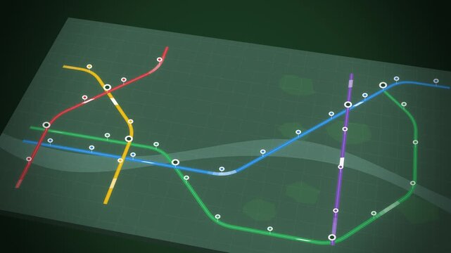 Green isometric metro map with colorful subway lines seamless loop