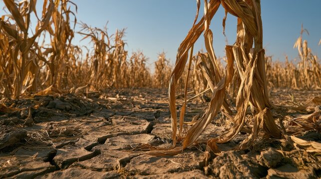 Drought-stricken Cornfield: The arid landscape of a dying cornfield under a clear sky, with cracked earth and withered stalks.
