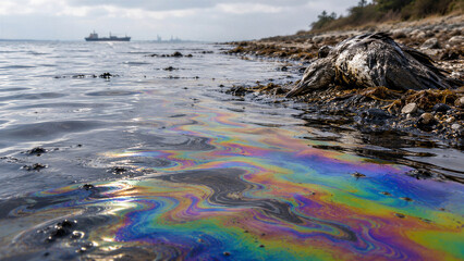 Obraz premium Oil slick reflecting colors near rocky shore and ships in distance 