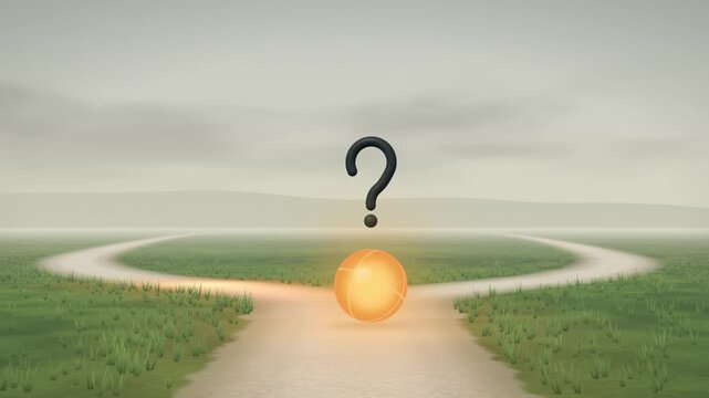 Glowing orb at a crossroads under a question mark follows an arrow down the right path into the distance