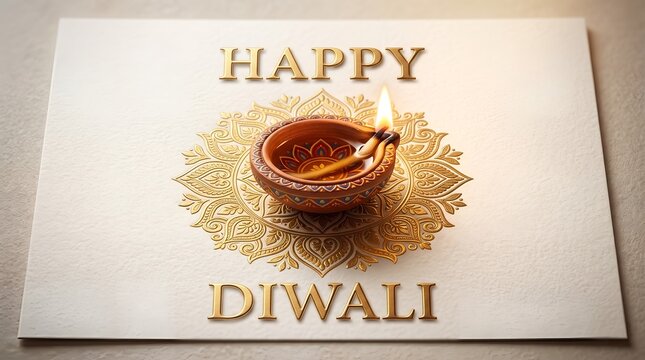 Happy Diwali Greeting Card with Glowing Diya Oil Lamp and Ornate Golden Mandala Pattern on White Background for festival Design