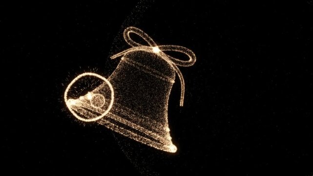 Golden particles form a ringing bell with a bow that sends out circular waves, then dissolves into dust