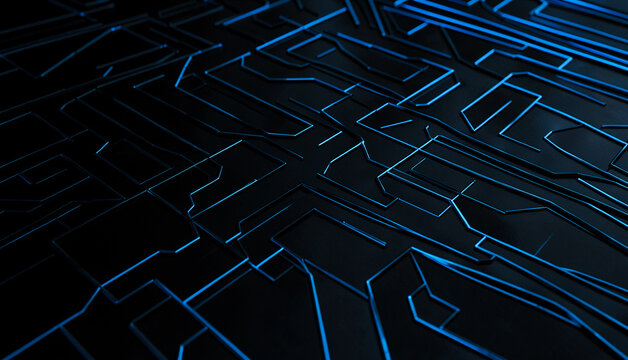 Blue lines trace a complex circuit board pattern against a dark, textured surface. It glows intensely.