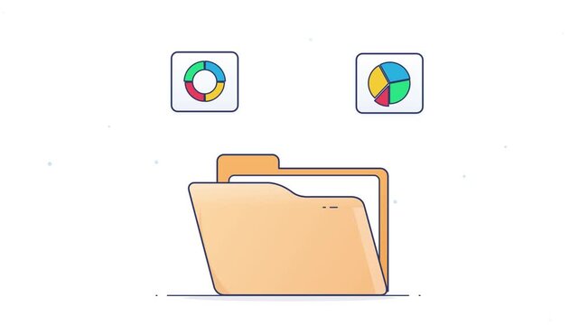 Digital data organization concept featuring a folder icon and analytical pie charts illustrating efficient information management and business intelligence for modern workflows