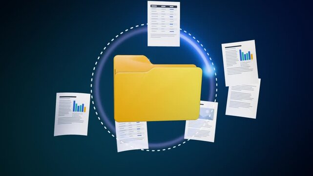 Paper documents orbit a yellow folder and fly inside one by one until a check mark appears