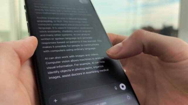 Reading long document text summary on vertical mobile phone touch interface layout. Female person using smart electronic cellular device for online education review or article sammarizing