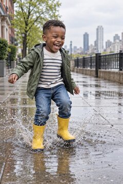 Laughing little african boy in yellow rain boots jumping in puddle on wet city promenade, rainy day fun