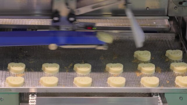 Automated bakery equipment transferring unbaked bear-shaped cookie dough onto a perforated baking sheet for commercial production.