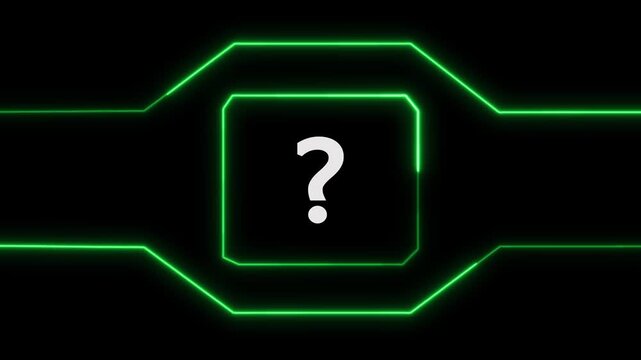 Question mark animation centers within a technical screen frame. Digital problem inquiry databases route through active question mark animation. Quiz media uses mark.