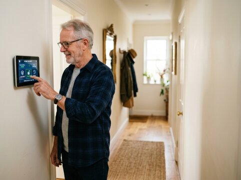 Senior man using smart home control panel screen on wall in hallway