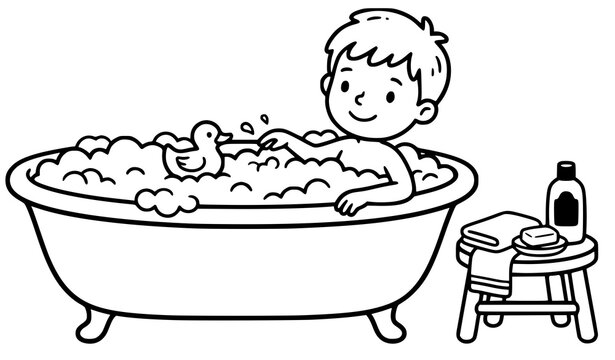 Young Boy Bathing in Bathtub Safe Hygiene Education Vector