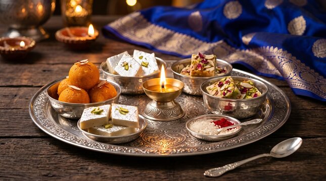 Diwali thali closeup, diya and sweets