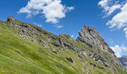 Naklejka premium View of beautiful landscape in the Alps with fresh green meadows and mountain tops in the background on a sunny day with blue sky and clouds in summertime. Alpe di Cisles, Seceda Ridgeline, Dolomiti ,