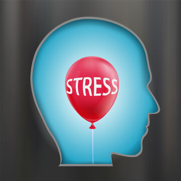 Balloon with the inscription stress inside human head. Vector illustration.