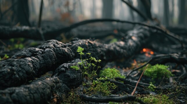 New Growth Amidst Ashes: Tiny green shoots of moss and small plants emerge from the charred remains of a forest floor, a symbol of resilience and renewal after a destructive wildfire.