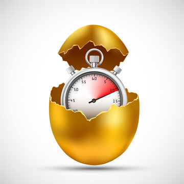 Sports stopwatch or watch inside a golden chicken egg. Time concept. Isolated on a white background. Vector illustration.