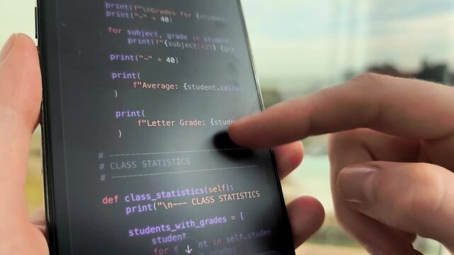 Programming software application using smart artificial intelligence assistant tool on responsive touchscreen display. Female finger scrolling code script lines generated by automated AI