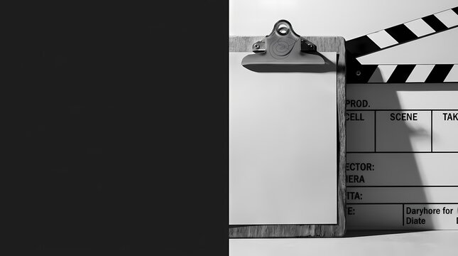 Monochromatic Composition of Clipboard and Movie Clapperboard with Negative Space