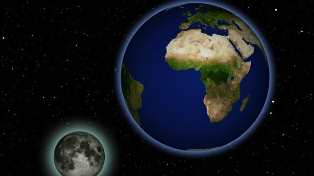 Earth globe animation rotates smoothly beside the lunar moon. Solar system planetary celestial mechanics guide active Earth globe animation. Space research hubs use globe.