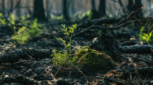 New Growth After Fire: A young sapling emerges from scorched earth and ash, symbolizing resilience and the powerful force of nature's regeneration in a fire-ravaged forest.