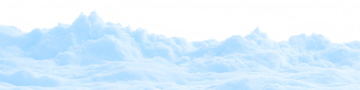 Fluffy snow mounds and snowy drifts border. Wide winter snowbank cutout isolated on transparent PNG background